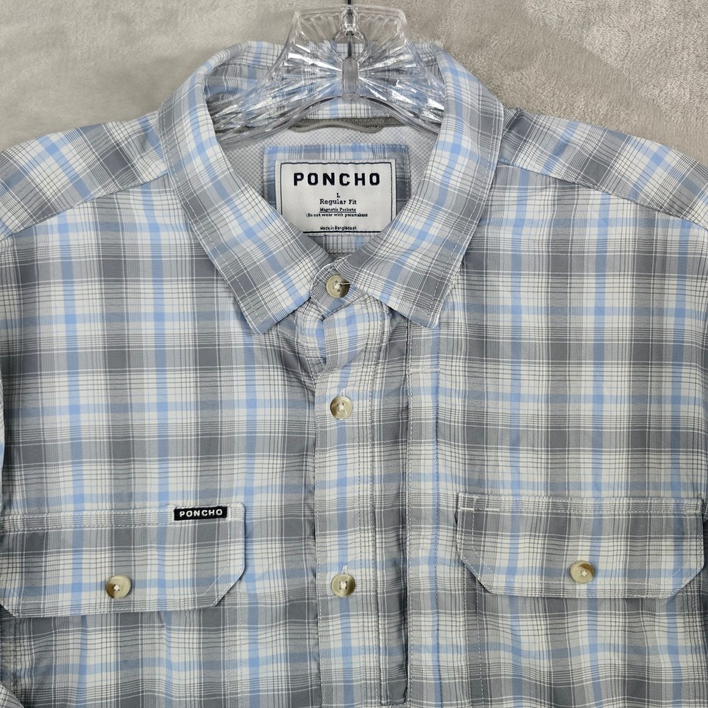 Poncho Shirt Mens Large Blue Gray Plaid Long Sleeve Magnetic Pockets Regular Fit